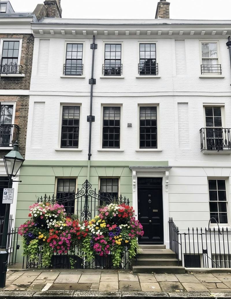 A white Georgian townhouse with flower boxes by the railings